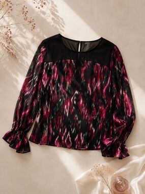Vince Camuto XL Abstract Print Blouse Lightweight Sheer Detail Long Sleeve Top